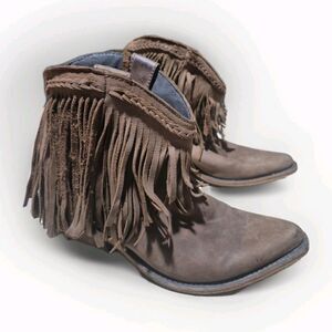Liberty Black Brand Fringe Brown Western Ankle Boots,  LB-11129 Size 8